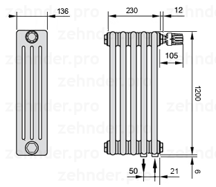 Схема (чертеж) Радиатор Zehnder Charleston 4120/5 №V002 Белый глянцевый RAL 9016